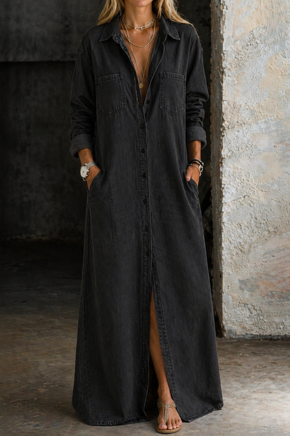 Button Down Collared Longline Pocketed Dress