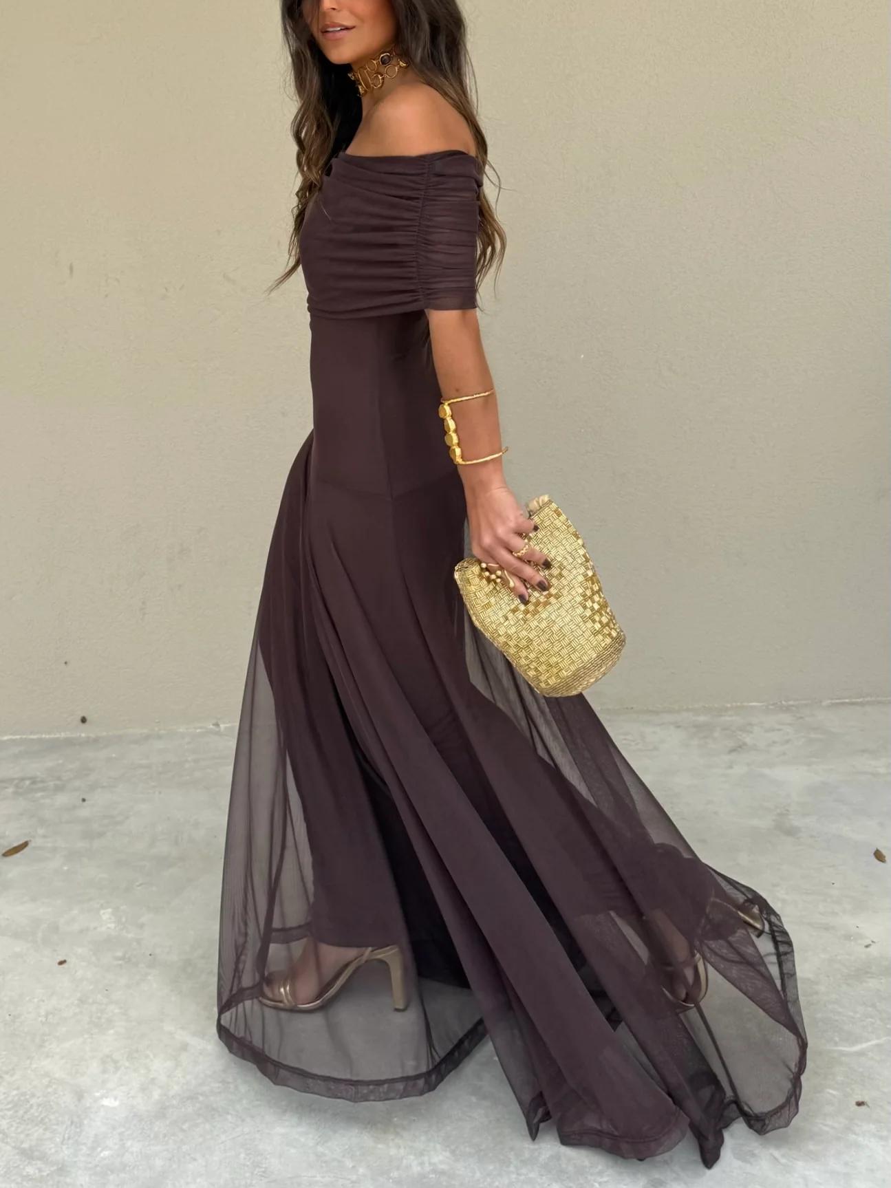 Off Shoulder Ruched Foldover Maxi Dress