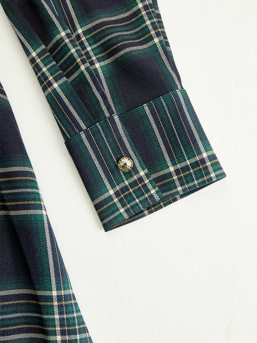 Collared Long Sleeved Plaid Pocketed Maxi Dress