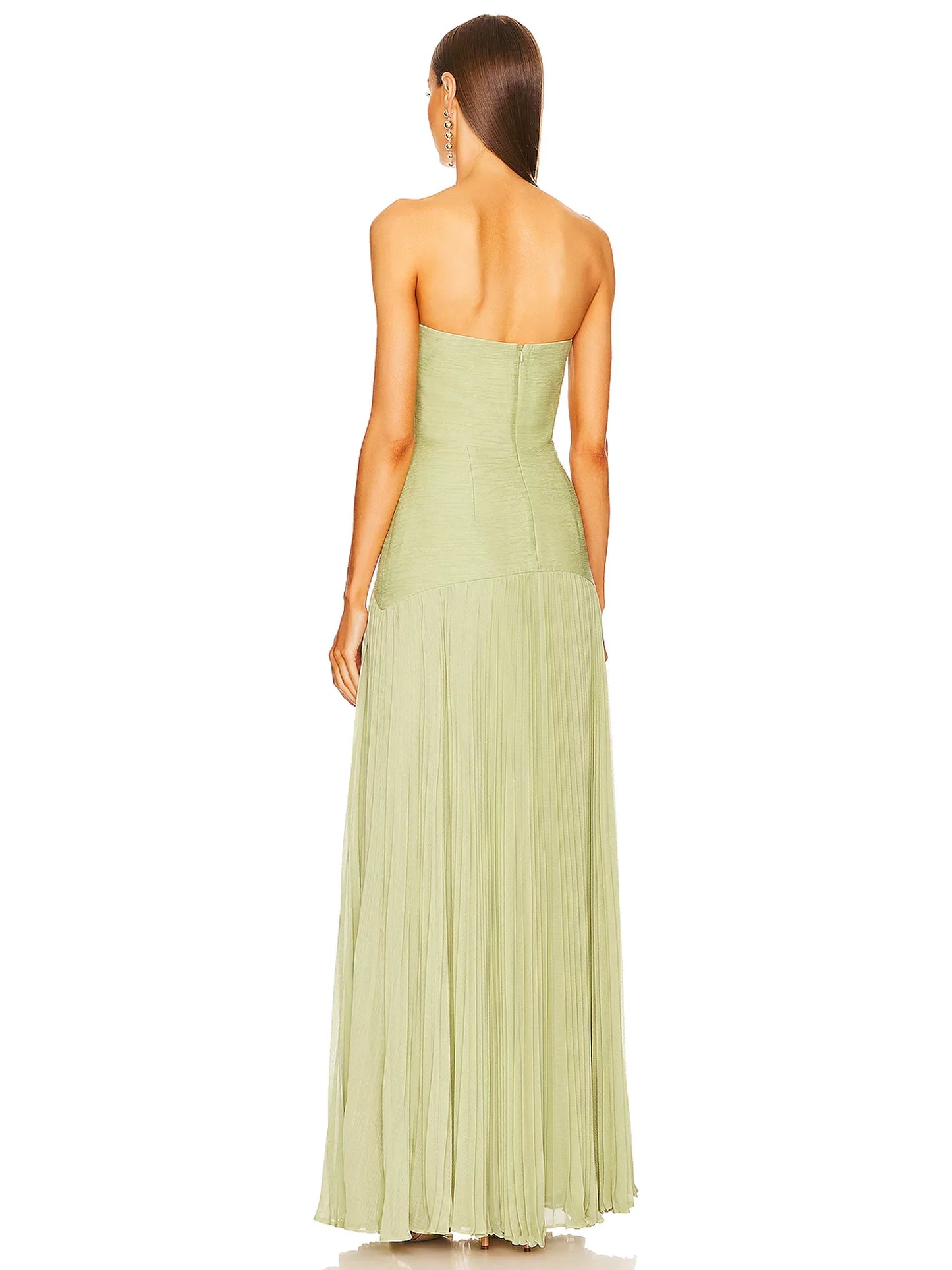 Strapless Fitted Curved Pleated Long Solid Dress