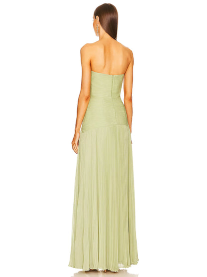 Strapless Fitted Curved Pleated Long Solid Dress