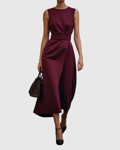 Plain Fitted Sleeveless Cinched Overlaid Flared Dress