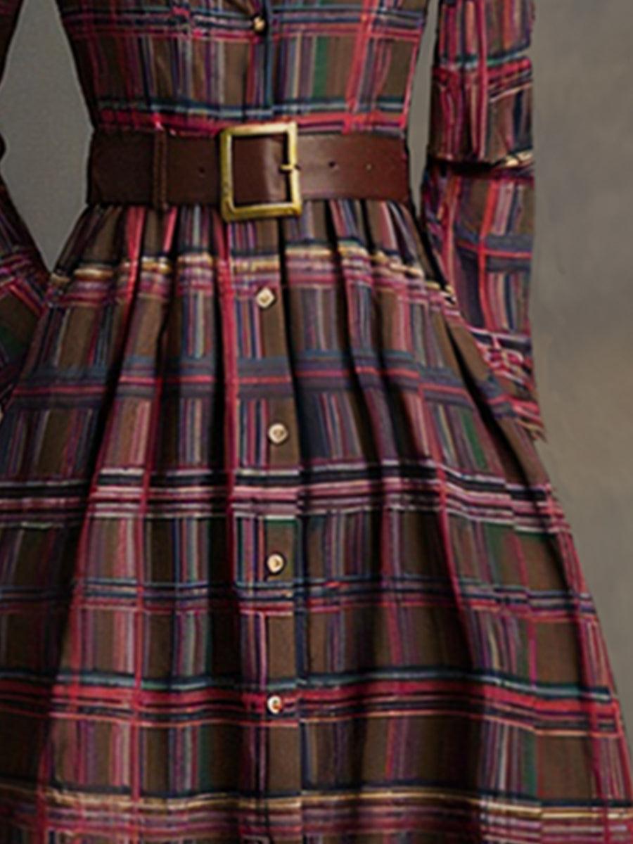 Collared Long Sleeved Plaid Pocketed Maxi Dress
