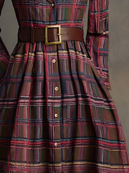 Collared Long Sleeved Plaid Pocketed Maxi Dress
