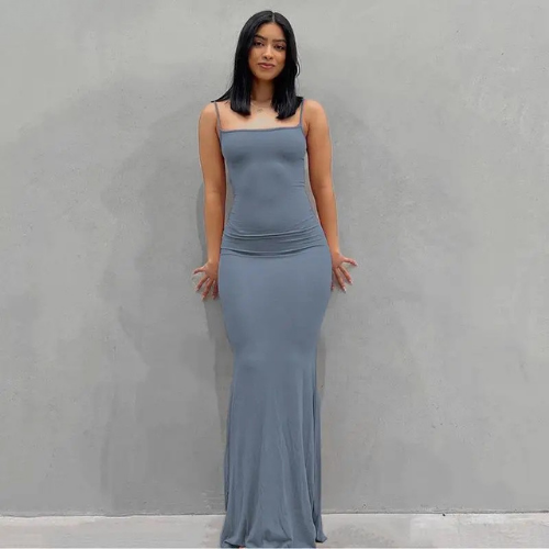 Square Neck Spaghetti Strap Fitted Maxi Dress