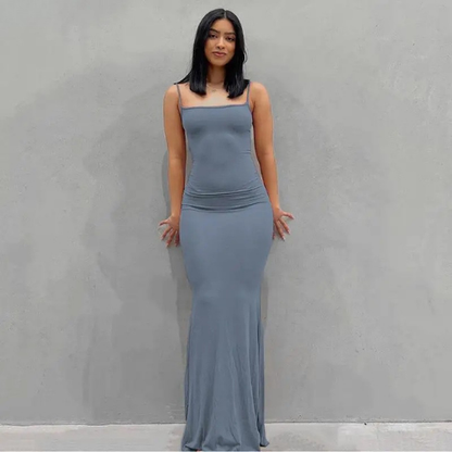 Square Neck Spaghetti Strap Fitted Maxi Dress