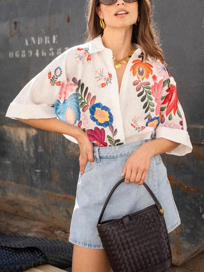 Button Front Collared Printed Blouse