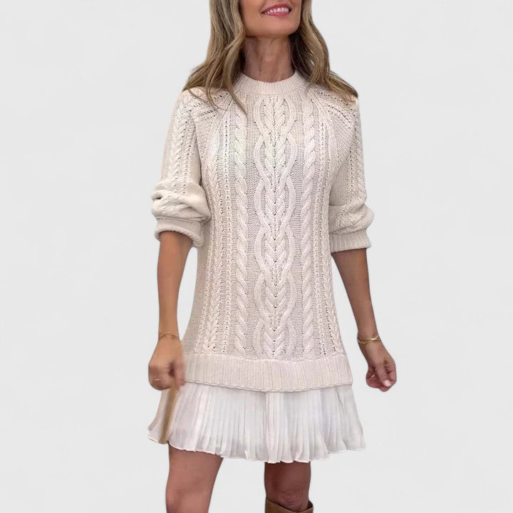 Crew Neck Long Sleeve Cable Knit Mini Sweater Dress