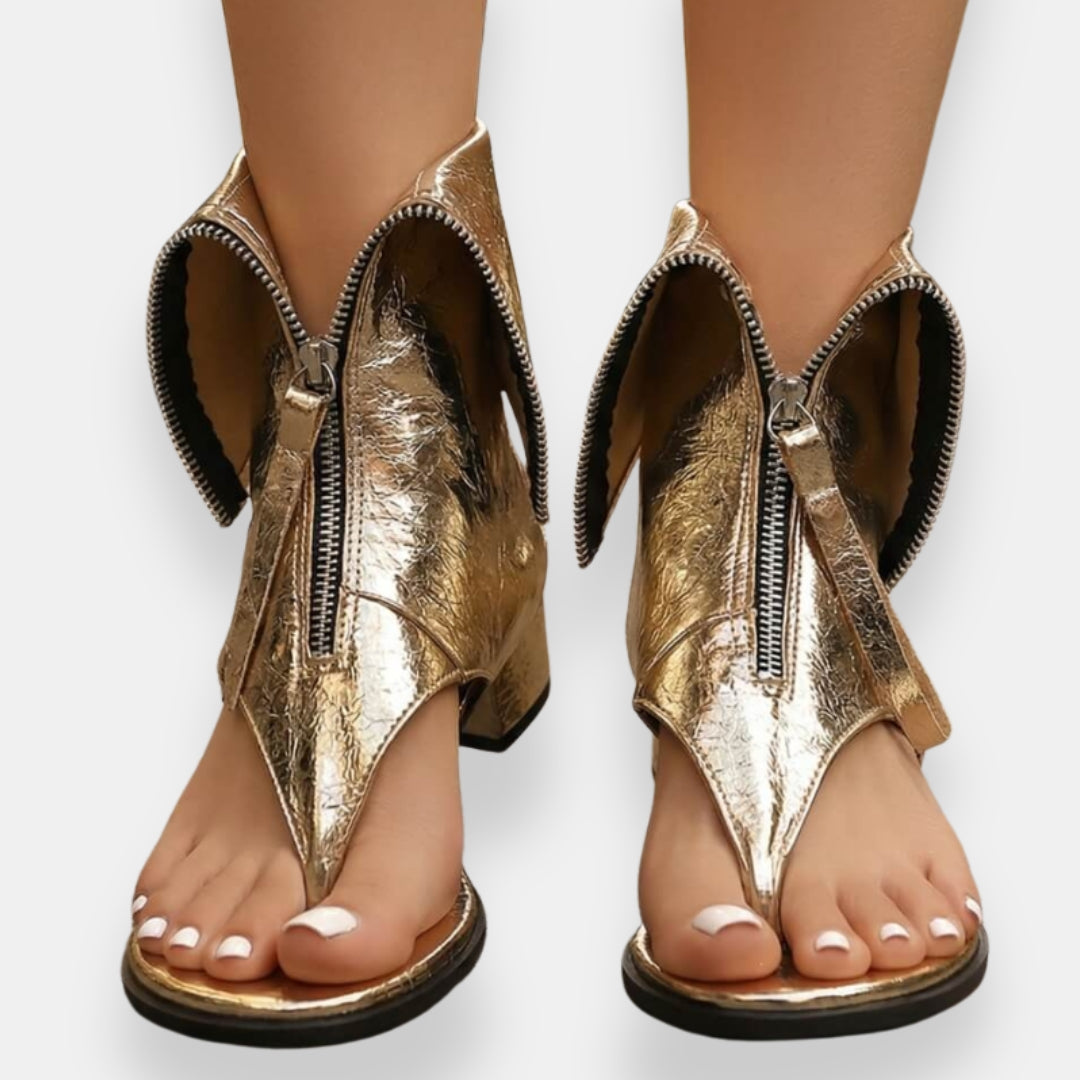 Zippered Open Low High Flared Cutout Sandals