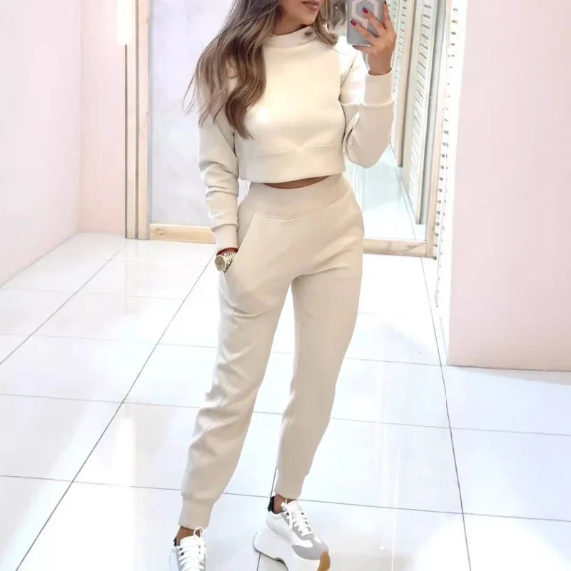 Crew Neck Long Sleeve Cropped Cardigan Sweater Set For Women
