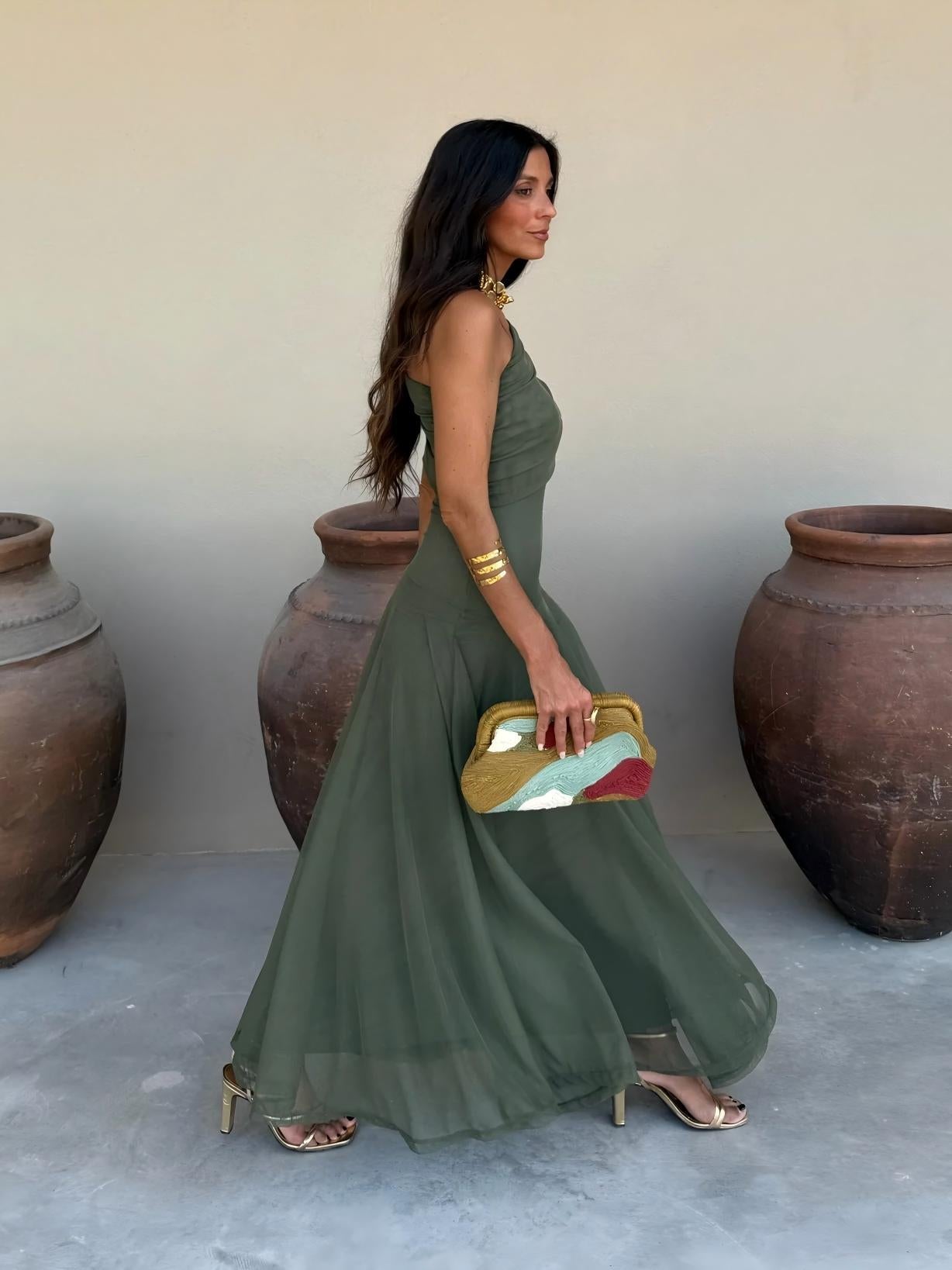 Off Shoulder Ruched Foldover Maxi Dress
