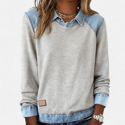 Women's Point Collar Long Sleeve Colorblock Sweatshirt