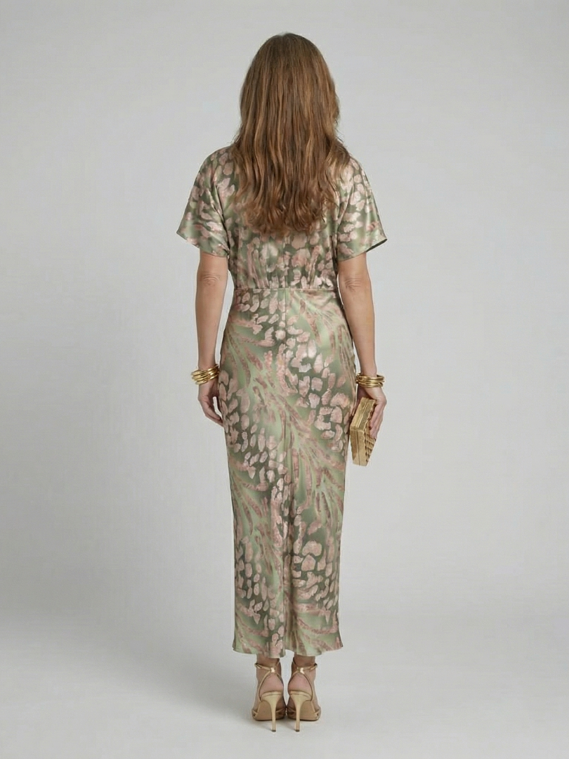 V Neck Short Sleeve Twist Front Patterned Maxi Fitted Dress