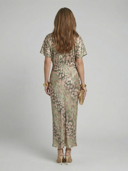 V Neck Short Sleeve Twist Front Patterned Maxi Fitted Dress