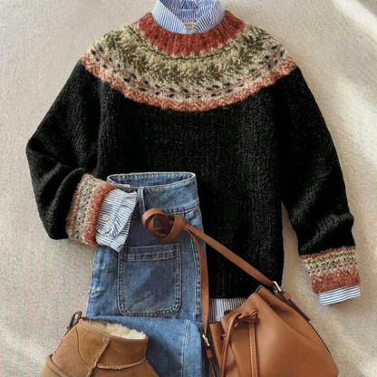 Women's Crew Neck Fair Isle Long Sleeve Chunky Knit Sweater