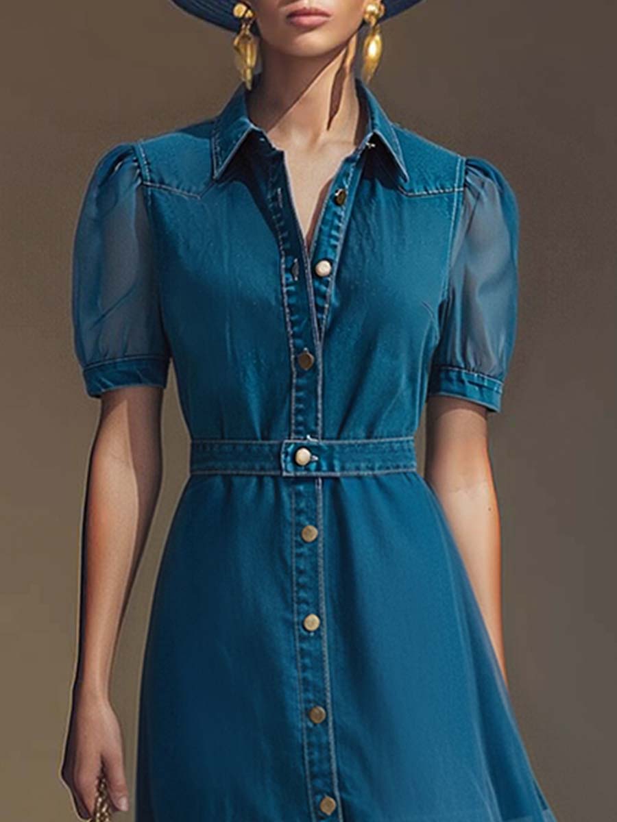 Collared Belted Buttoned Flared Maxi Dress