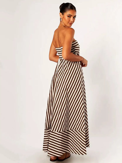 Strapless Diagonal Striped Flare Maxi Dress