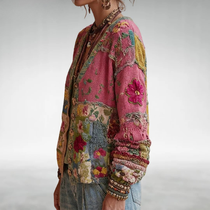 Women's V-Neck Long Sleeve Floral Cropped Cardigan with Pockets