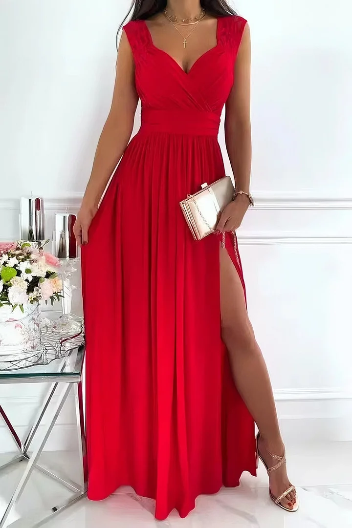 Ruched Surplice Slit Cap Maxi Gathered Dress
