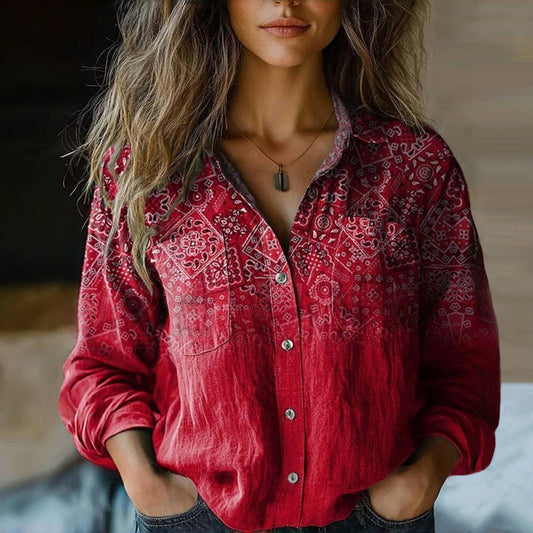 Long Sleeved Collared Patterned Buttoned Blouse