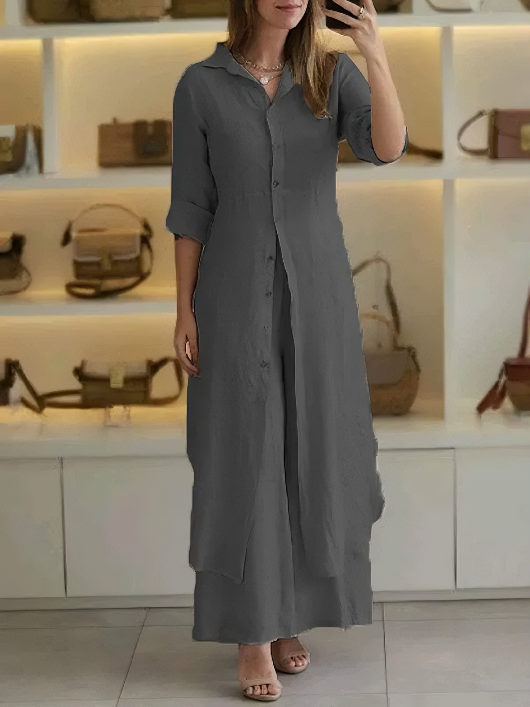 Women's Collared Long Sleeve Button-Front Maxi Shirt Dress Set