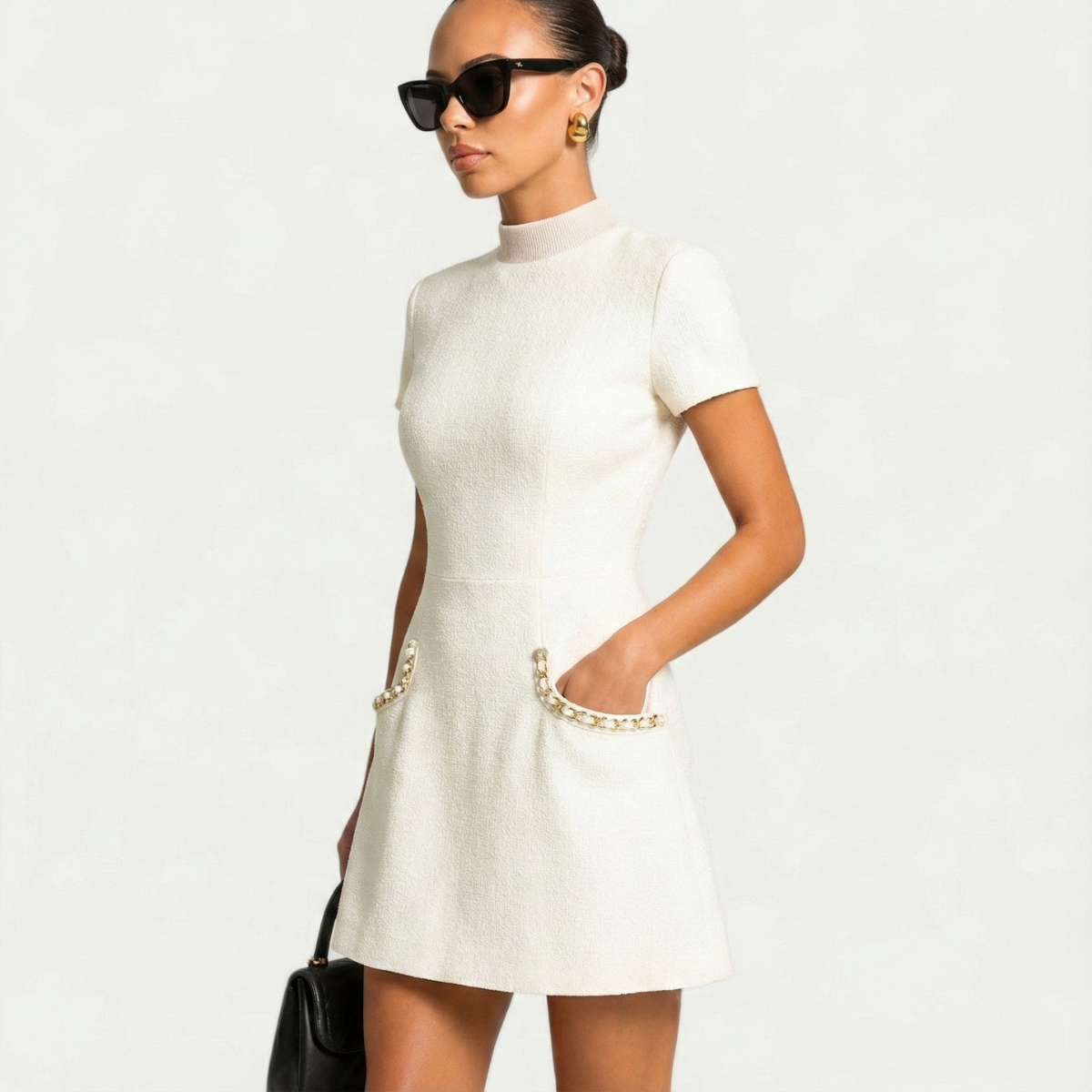 Short Sleeve Embellished Neck Pocket Mini Dress