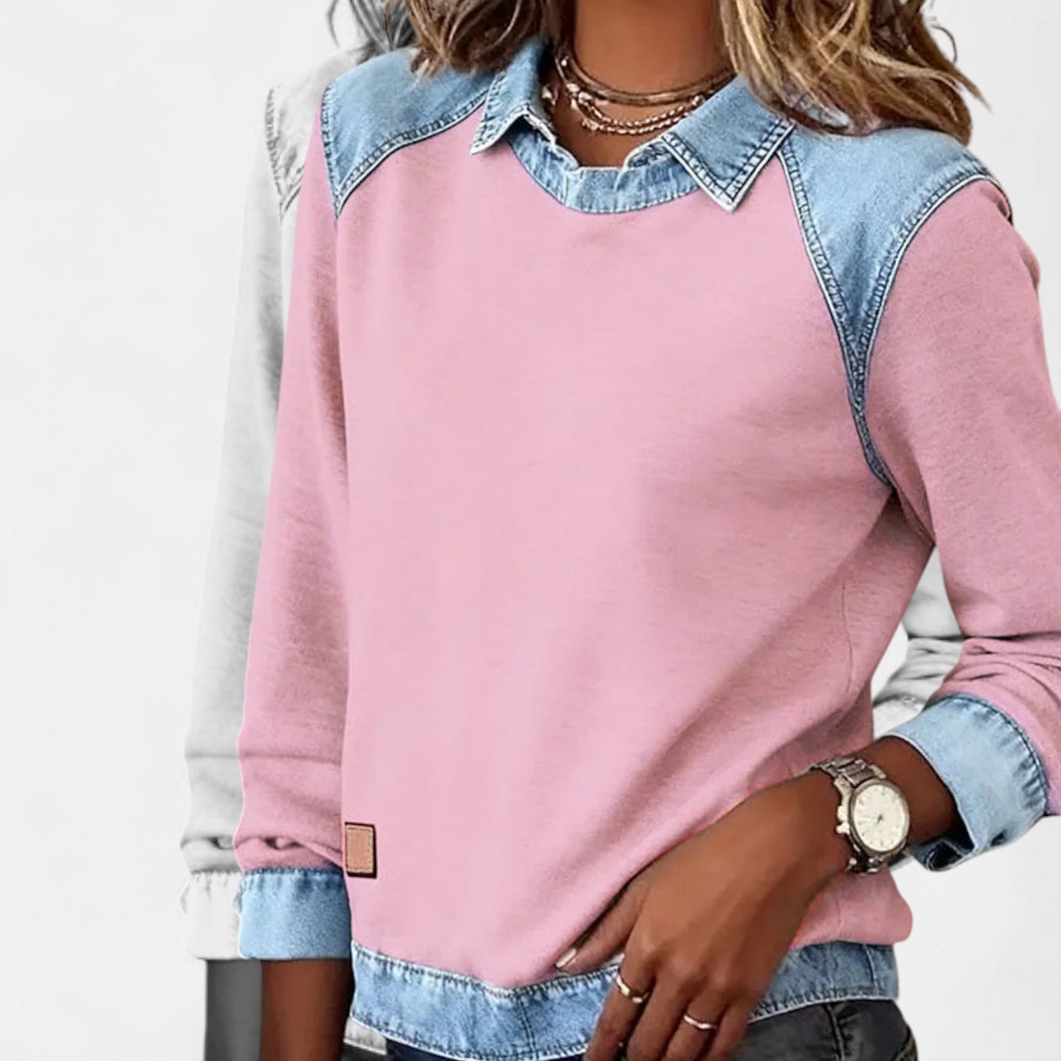 Women's Point Collar Long Sleeve Colorblock Sweatshirt