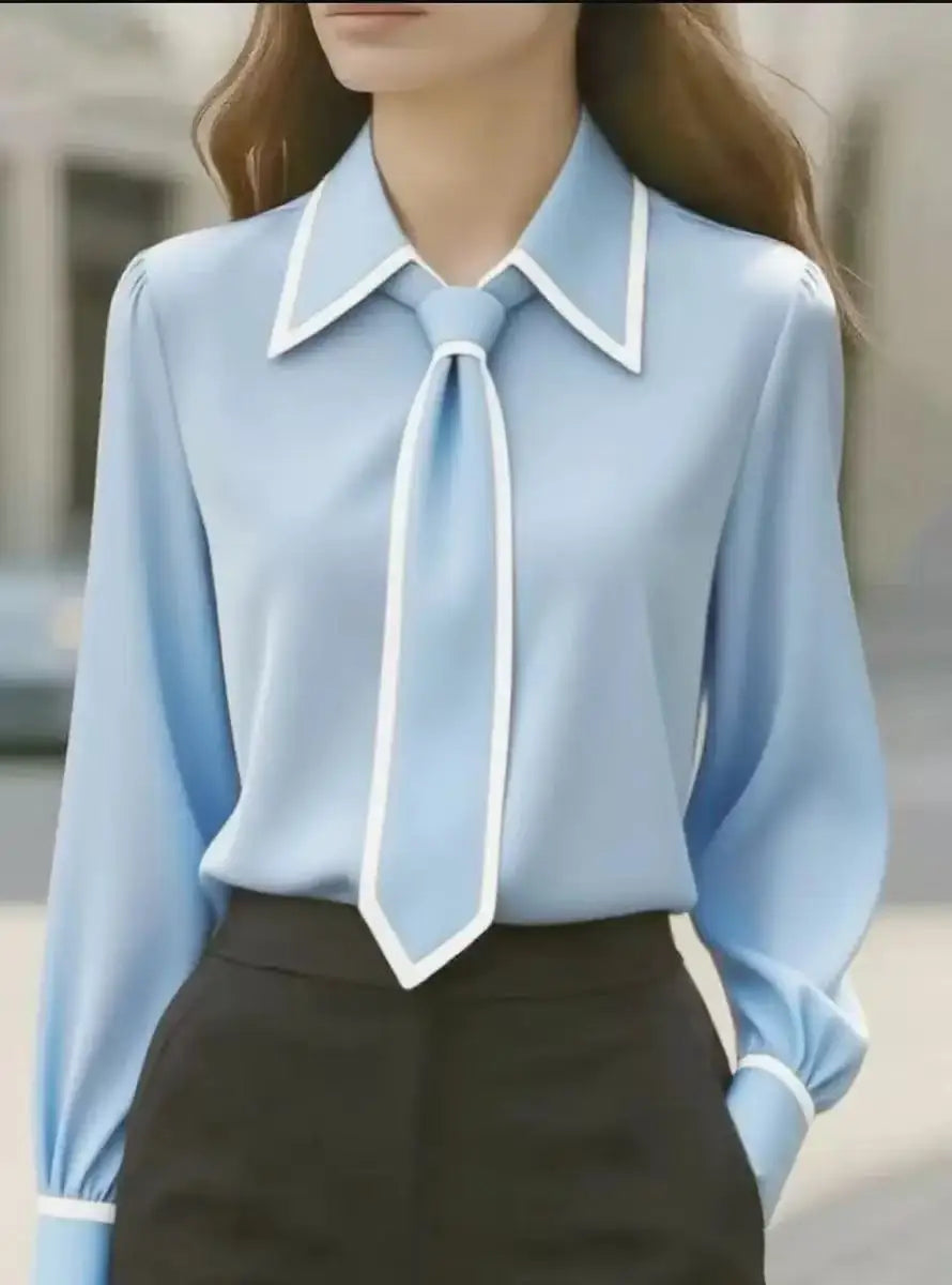 Contrast Trim Collared Tie Neck Blouse