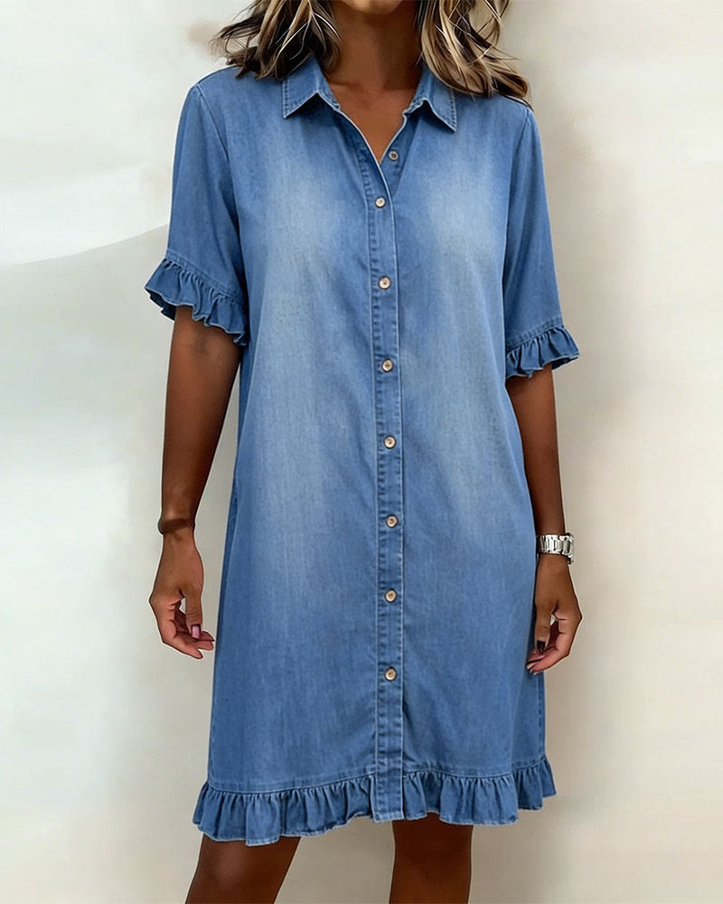 Short Sleeve Collared Button Front Ruffle Hem Dress