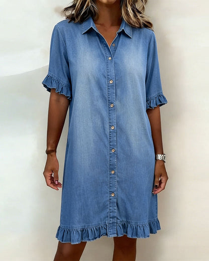 Short Sleeve Collared Button Front Ruffle Hem Dress