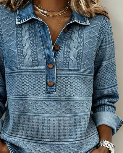 Women's Shirt Collar Long Sleeve Textured Button-Up Sweatshirt