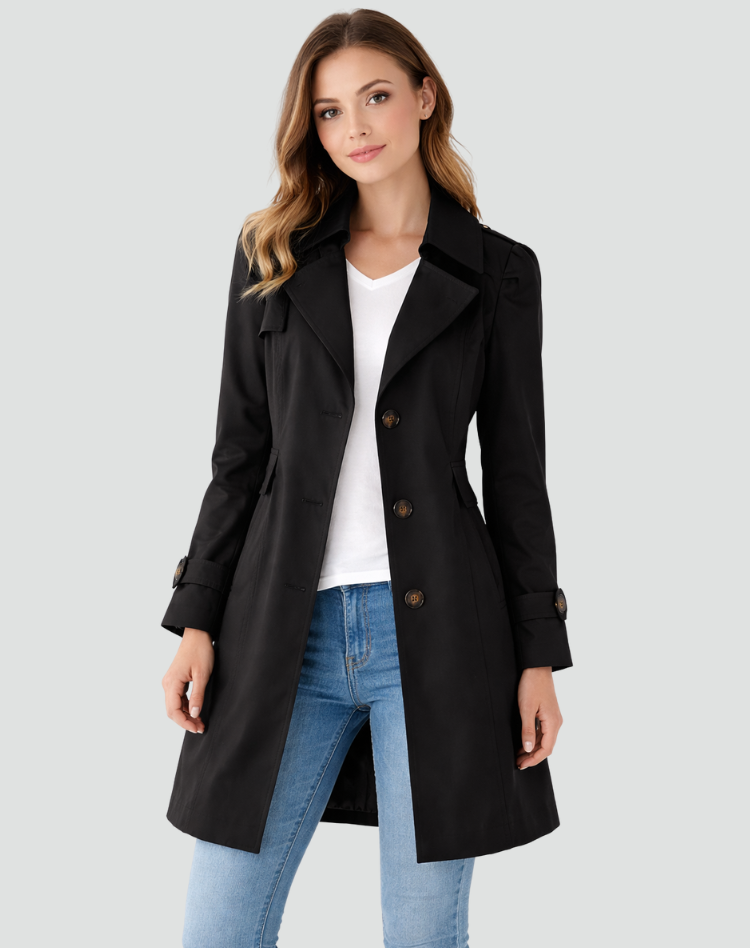 Notched Lapel Belted Mid-Length Trench Coat For Women