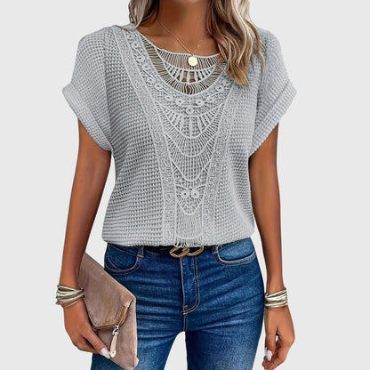 Textured Perforated Geometric Rolled Sleeved Relaxed Top