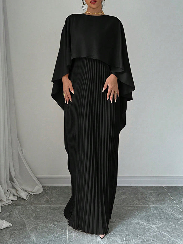 Cape Layered Pleated Round High Maxi Dress