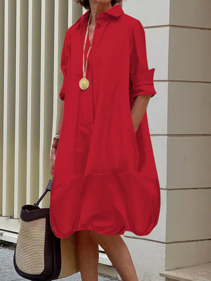 Lapel Collar Button Up Bubble Hem Shirt Dress