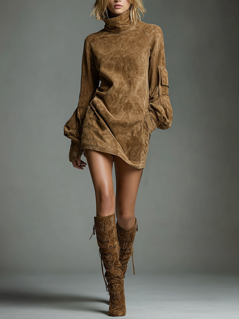 High Neck Raglan Sleeve Pocketed Mini Dress