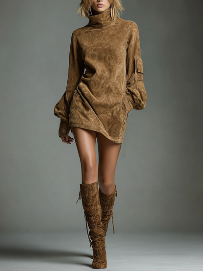 High Neck Raglan Sleeve Pocketed Mini Dress