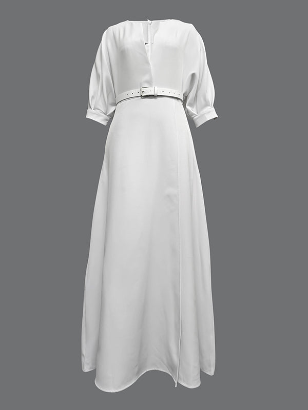 Belted Slit Maxi Paneled Structured Dress