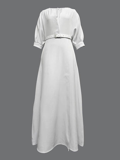 Belted Slit Maxi Paneled Structured Dress