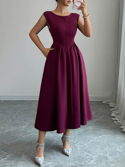 Boat Neck Sleeveless Pleated A-Line Backless Midi Dress with Pockets