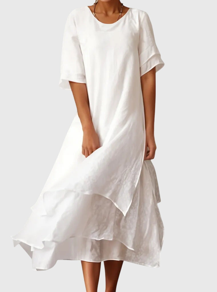 Layered Asymmetric Scoop Neck Short Sleeve Midi Dress