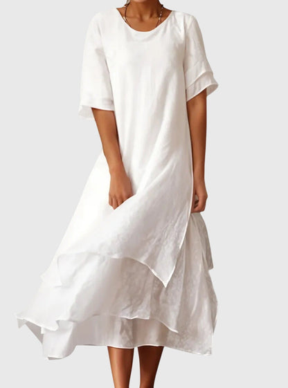 Layered Asymmetric Scoop Neck Short Sleeve Midi Dress