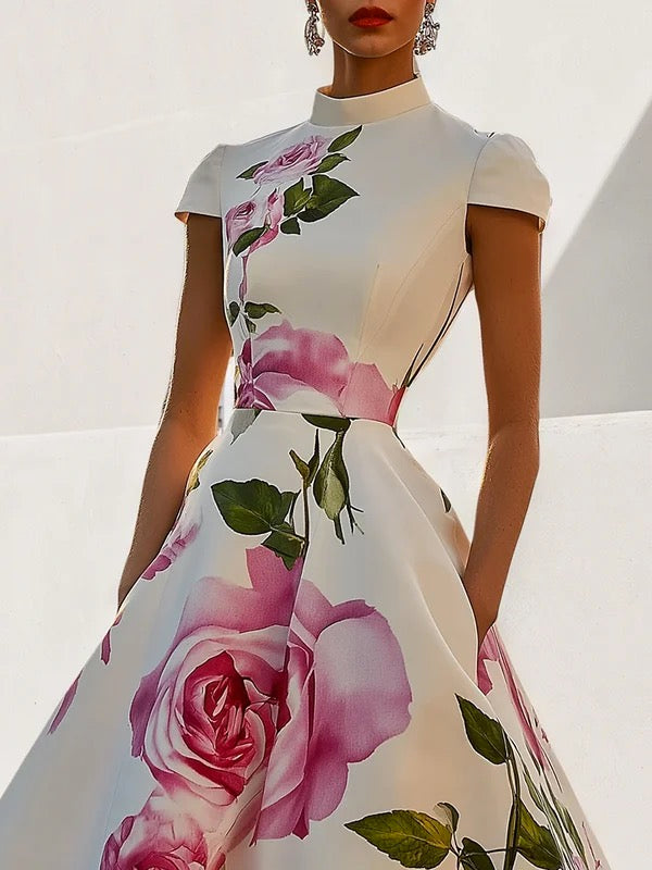 Short Sleeves Skinny Flower Print Stand Collar Midi Dress