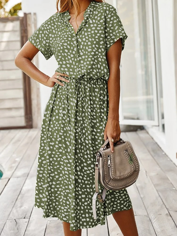 Printed Short Sleeve Drawstring Waist Dress