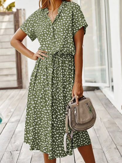 Printed Short Sleeve Drawstring Waist Dress