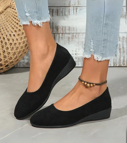 Round Toe Slip On Low Wedge Shoes