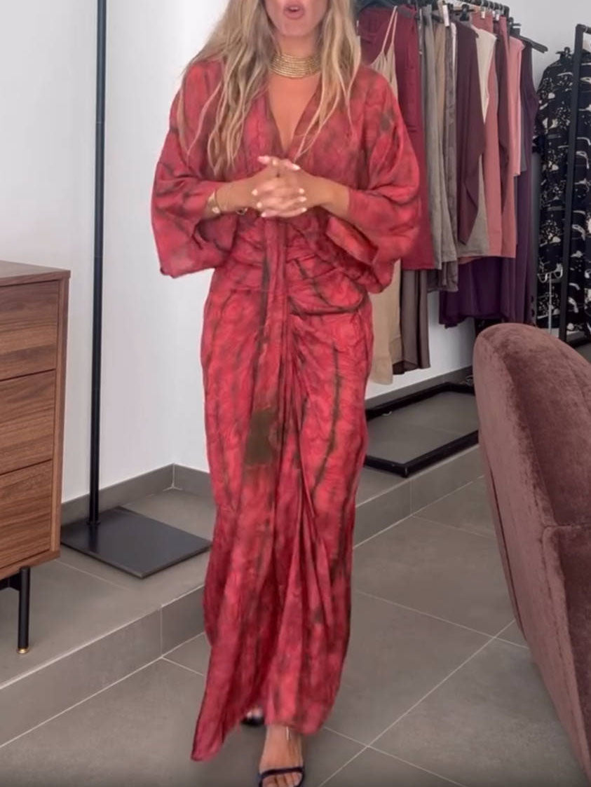 Plunging V Neck Ruched Maxi Dress