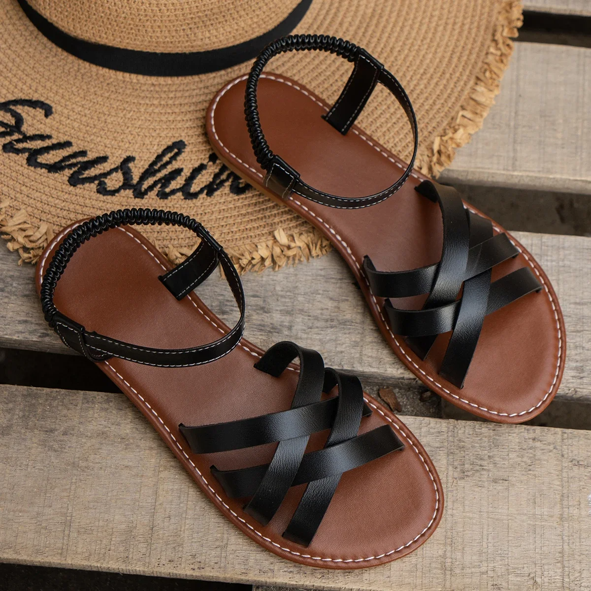Open Round Flat Strappy Crossed Stitched Sandals
