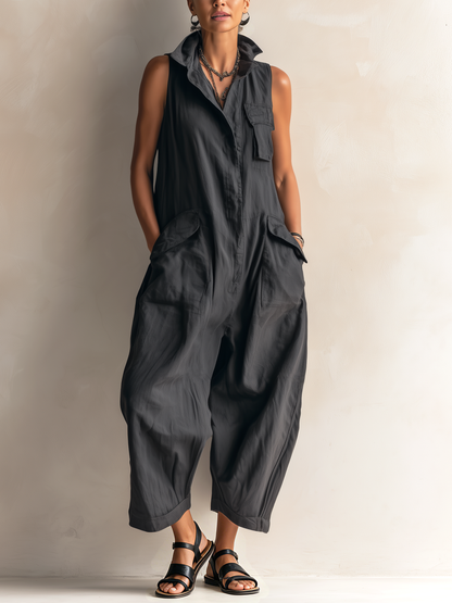 Collared Sleeveless Pocketed Baggy Sleeveless Jumpsuit