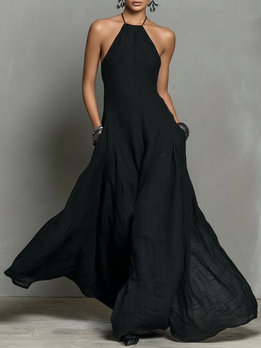 Sleeveless Halter Neck Backless Flowy Maxi Dress